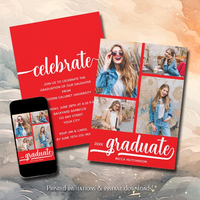 Convite Graduação Vermelha de Colagem de Fotos Moderna 4 (Modern 4 photo collage red graduation party invitations)