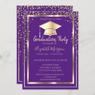Convite Graduação violeta de Boné de Formando Dourado de o