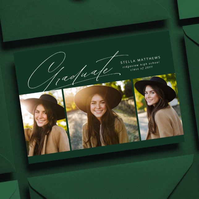 Convite Graduada três foto simples moderna verde escuro gr (Criador carregado)