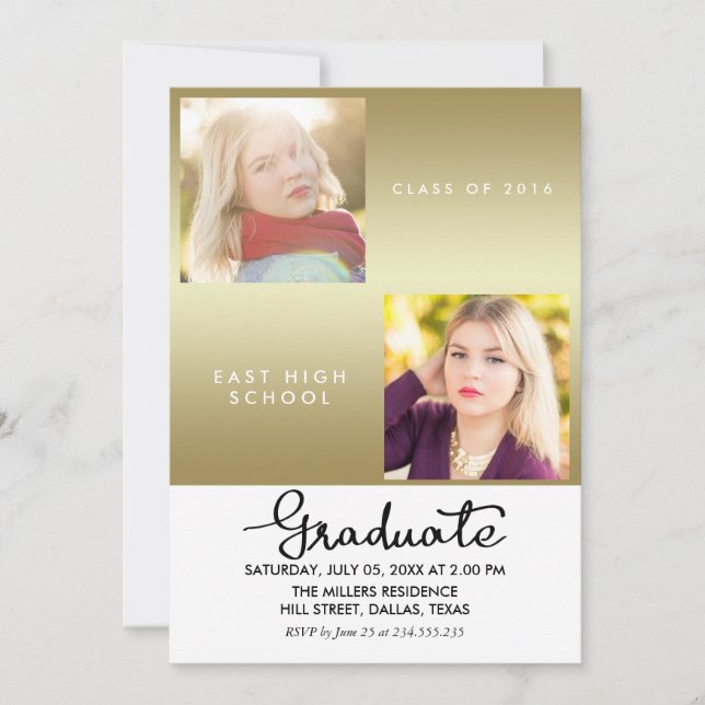 Convite Graduado Moderno Dourado Duas Fotos (Frente)