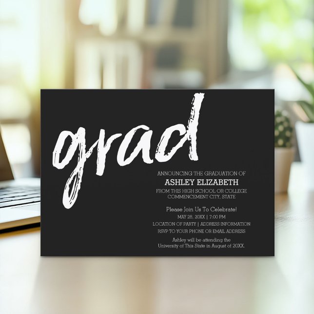 Convite Graduado Moderno Personalizado Tendência Preto Gra (Modern Graduation Announcement and Party Invitation)