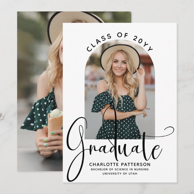 Convite Graduate Elegant Script Graduation Arch Photo (Frente/Verso)