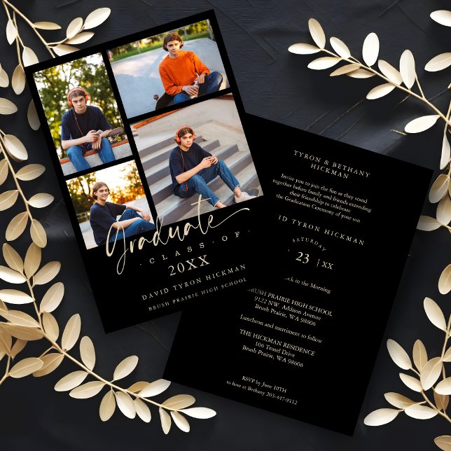 Convite Graduate Modern Black Trendy Collage 4 Photos  (Black Trendy Collage 4 Photos Modern Graduate Invitation Card for Ceremony and Party. )