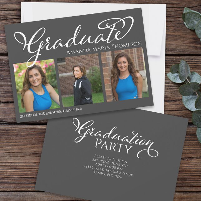 Convite Graduate Multi Photo Simple Elegant Calligraphy (Criador carregado)