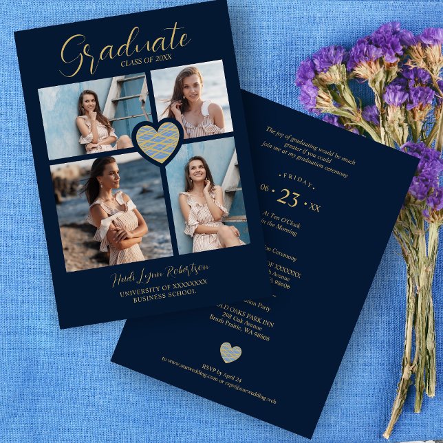 Convite Graduate Navy Blue Trendy Heart Collage 4 Photos (Criador carregado)