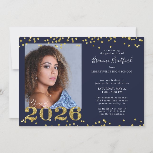 Convite Graduation 2026 Navy Blue Gold Glitter (Frente)
