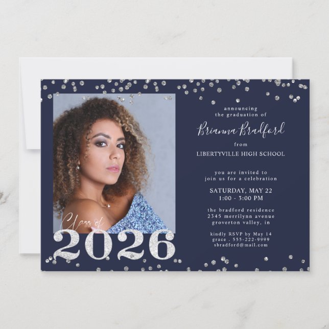 Convite Graduation 2026 Navy Blue Silver Glitter (Frente)