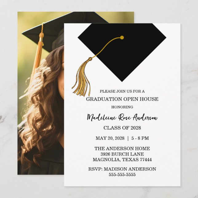 Convite Graduation Black Cap And Tassel Photo Open House  (Frente/Verso)