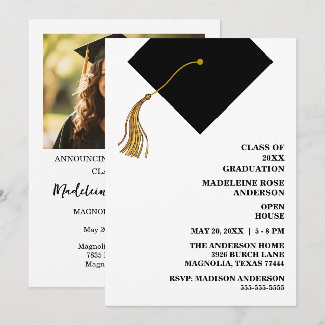 Convite Graduation Black Cap And Tassel Photo Open House  (Frente/Verso)