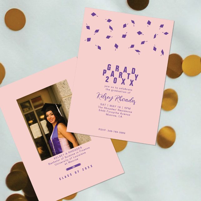 Convite Graduation Cap Toss Blush Pink & Purple Grad Party (Criador carregado)