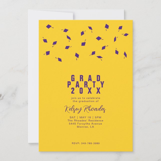 Convite Graduation Cap Toss Purple & Gold Grad Party (Frente)