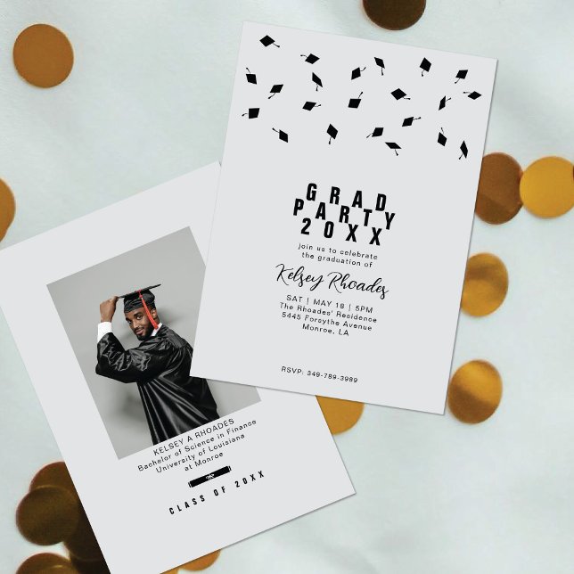 Convite Graduation Cap Toss Silver & Black Grad Party (Criador carregado)