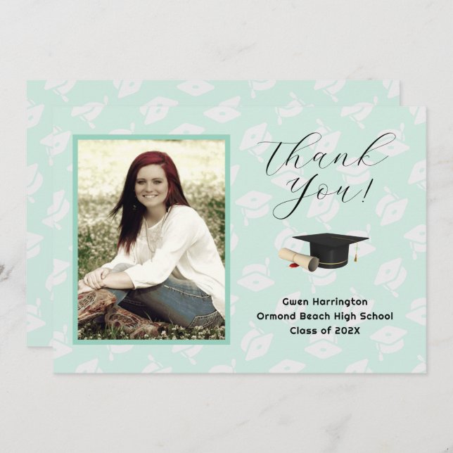 Convite Graduation Caps Photo Thank You Message Cards (Frente/Verso)