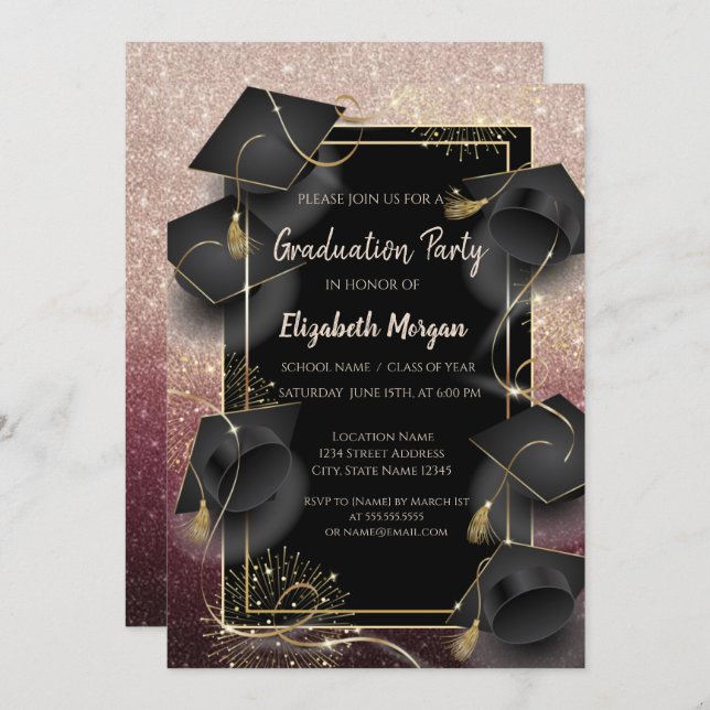 Convite Graduation Caps Rose Gold Glitter Graduation Party (Frente/Verso)