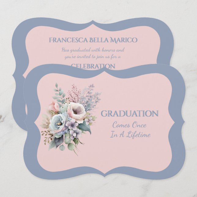 Convite Graduation Daughter Blue Pink Floral Invitation (Frente/Verso)