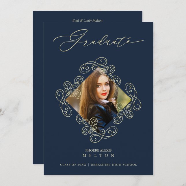 Convite Graduation Gold Diamond Flourish Photo Invitation. (Frente/Verso)