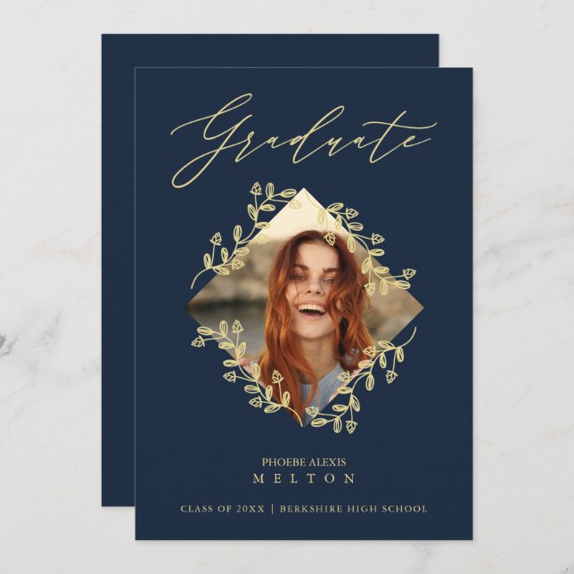 Convite Graduation Gold Diamond Wildflower Navy Photo (Frente/Verso)