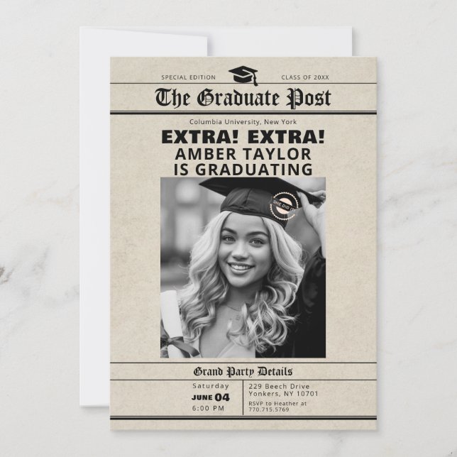 Convite Graduation Newspaper “Extra Extra” B&W Photo (Frente)