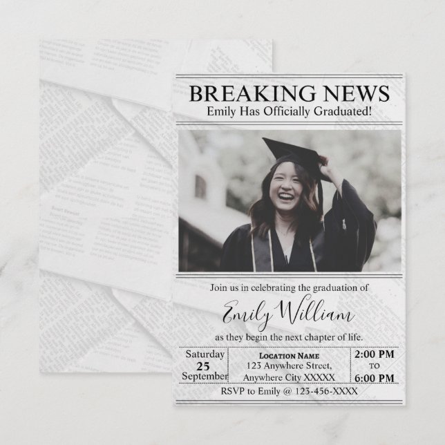 Convite Graduation Newspaper Photo Invitation (Frente/Verso)