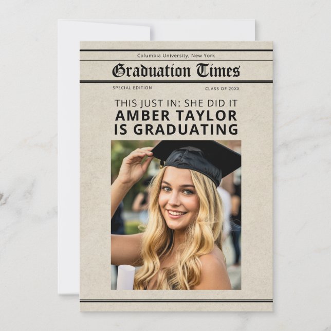 Convite Graduation Newspaper “This Just In” Photo (Frente)
