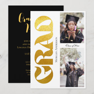 Convite Graduation Party 2 Photo Black and Gold Typography