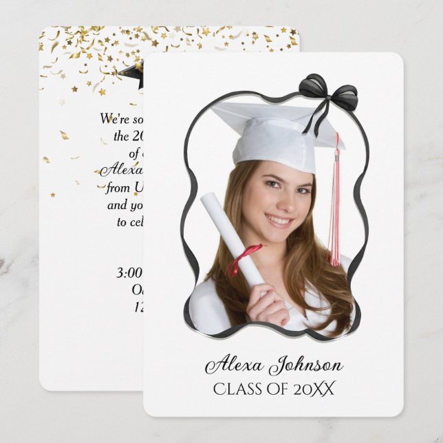 Convite Graduation Party Black Bow And Ribbon Frame (Frente/Verso)