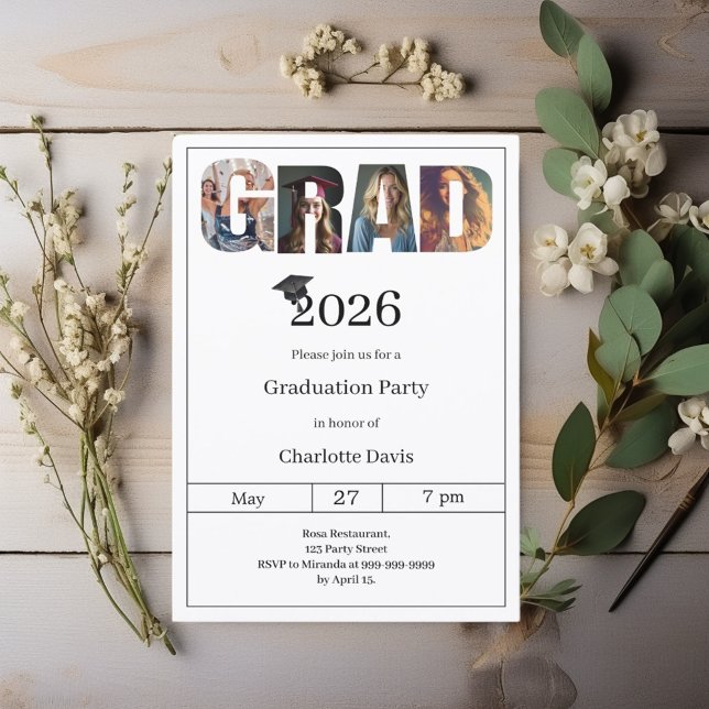 Convite Graduation party black white grad photo (Criador carregado)