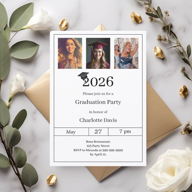 Convite Graduation party black white photo (Criador carregado)