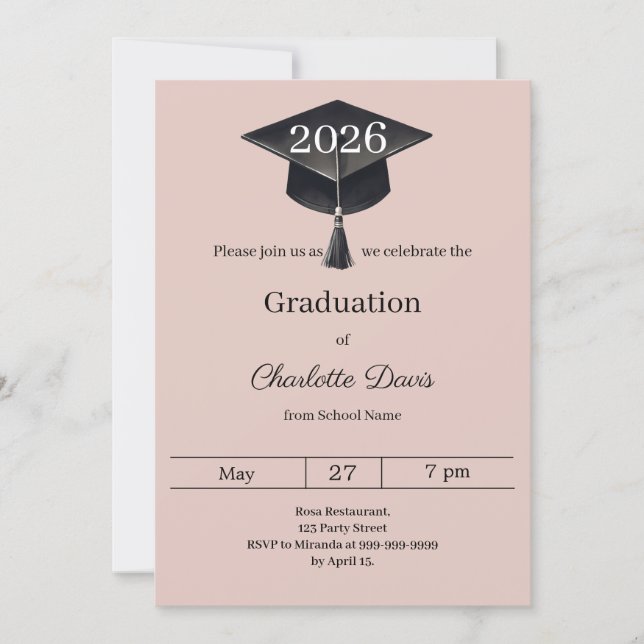 Convite Graduation party blush pink class of 2026 (Frente)