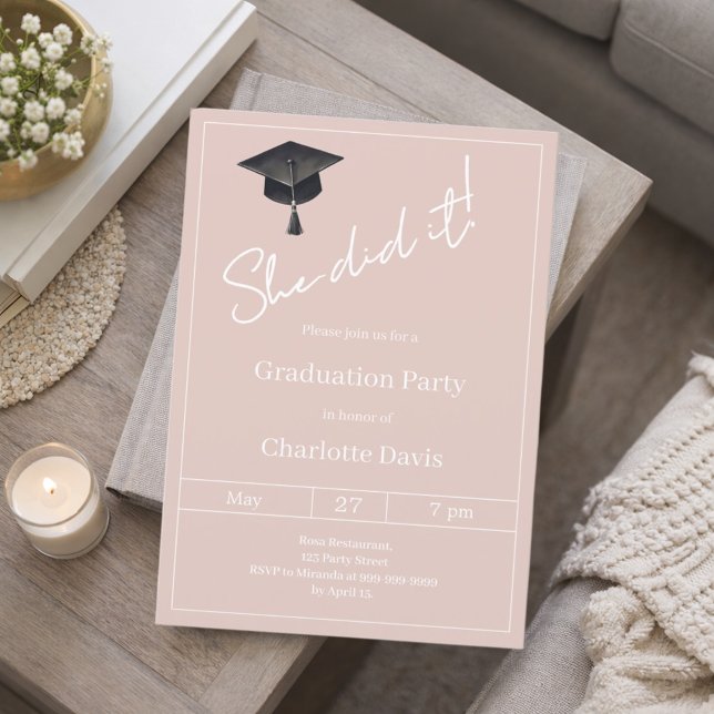 Convite Graduation party blush pink neutral She did it (Criador carregado)