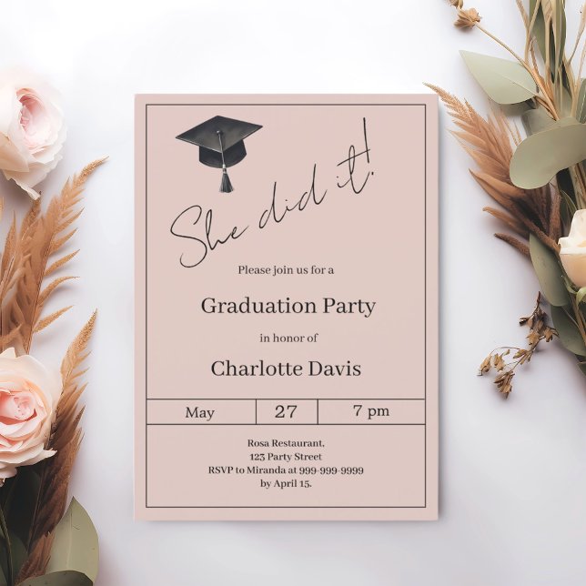 Convite Graduation party blush pink neutral She did it (Criador carregado)