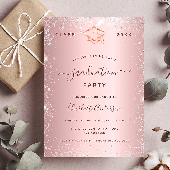 Convite Graduation party blush pink silver 2023 (Criador carregado)