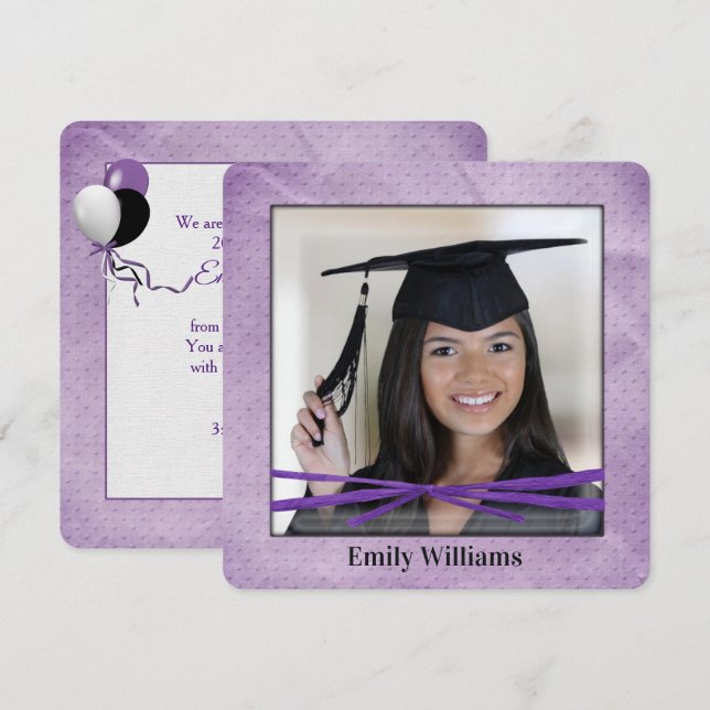 Convite Graduation Party Bow on Purple Photo Frame (Frente/Verso)