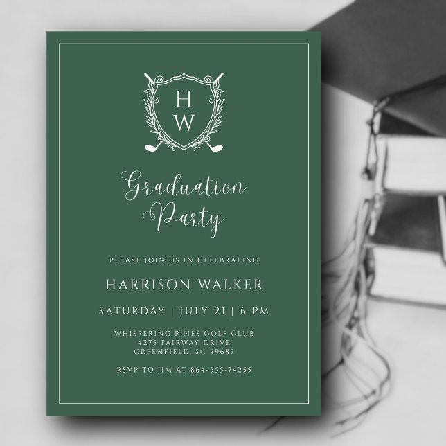 Convite Graduation Party Golf Crest Elegant Script Sage (A polished look for a milestone worth celebrating. Custom monogram makes it uniquely theirs.)