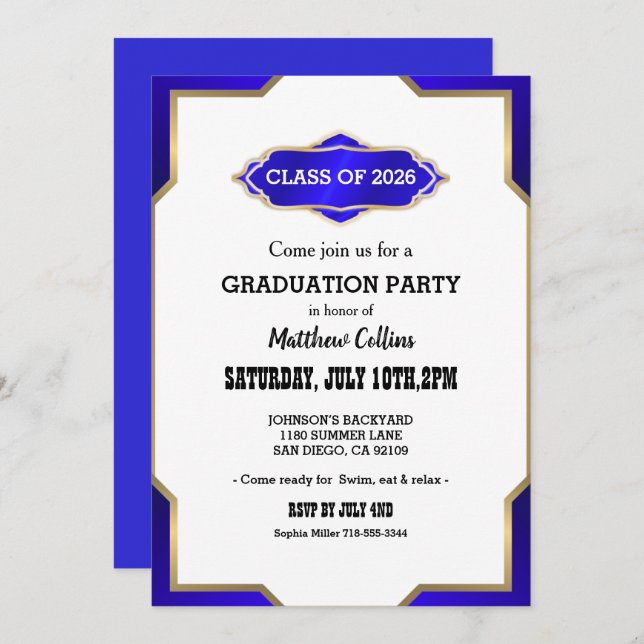 Convite Graduation Party Invitation blue Retro Inspired  (Frente/Verso)