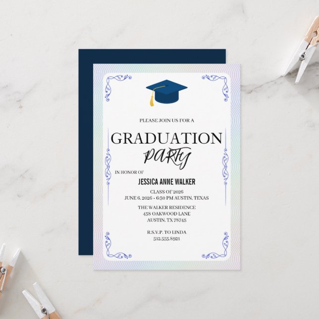 Convite Graduation Party Invitation Elegant Gold Editable  (Frente/Verso In Situ)