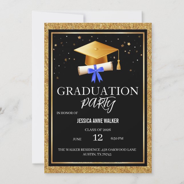 Convite Graduation Party Invitation Elegant Gold Editable  (Frente)