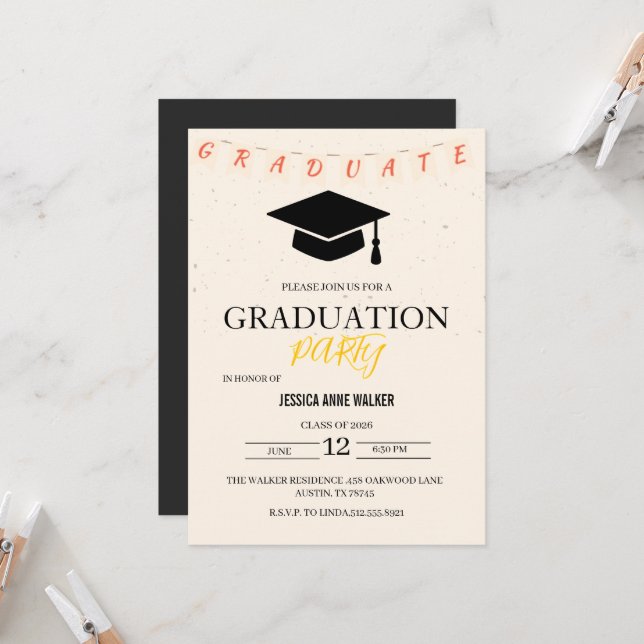 Convite Graduation Party Invitation Elegant Gold Editable  (Frente/Verso In Situ)