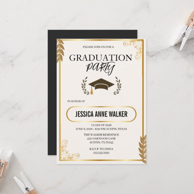 Convite Graduation Party Invitation Elegant Gold Editable  (Frente/Verso In Situ)