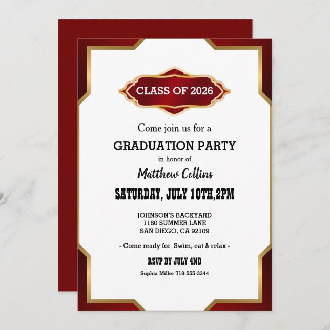 Convite Graduation Party Invitation Red Retro Inspired  (Frente/Verso)