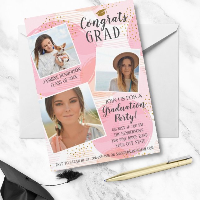 Convite Graduation Party Photo Collage Blush Pink Trendy (Criador carregado)
