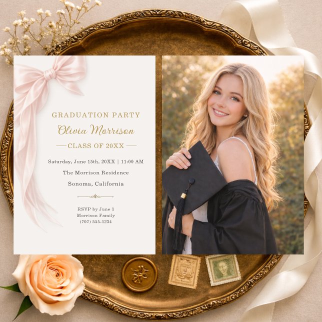 Convite Graduation Party Pink Bow Photo  (Criador carregado)