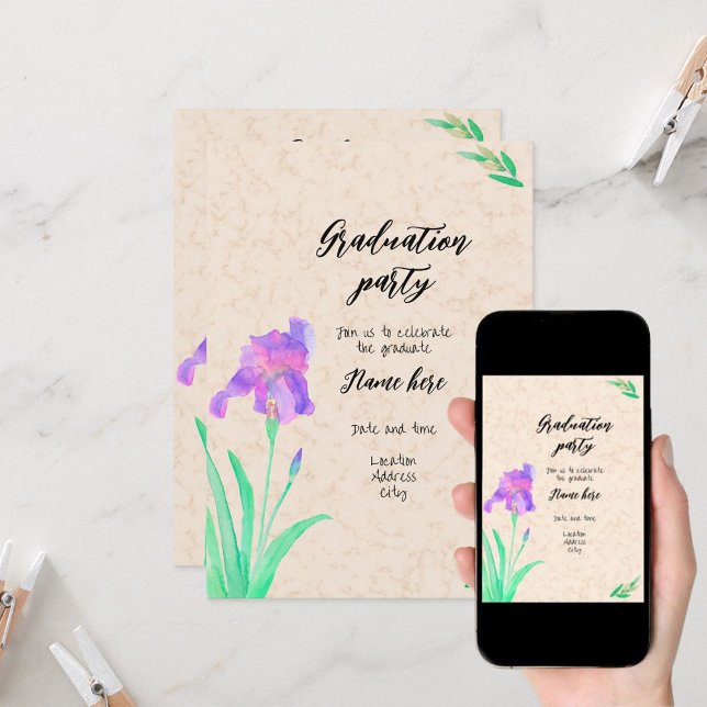 Convite Graduation party watercolors flowers with photo (Criador carregado)