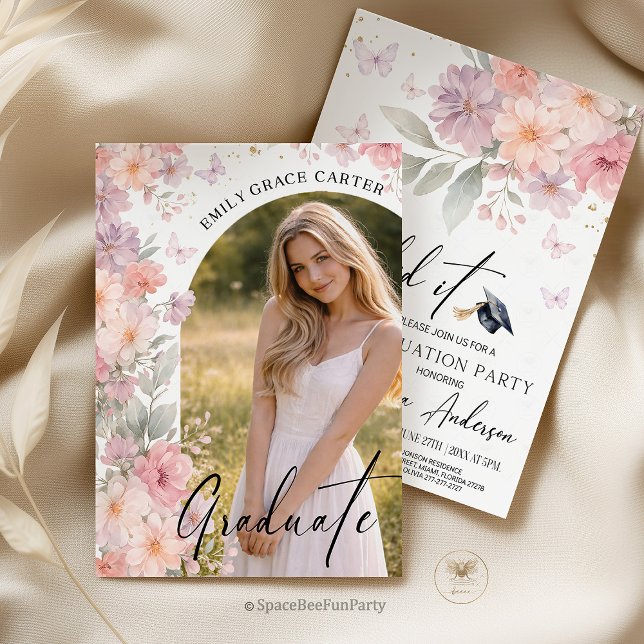 Convite Graduation Party  Wildflower Photo (graduation invitation, wildflower invite, boho floral, graduation party, photo invitation, bohemian )