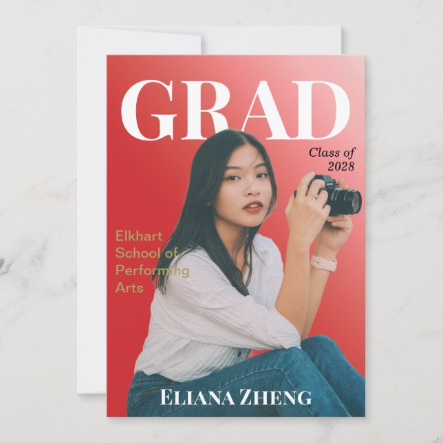 Convite Graduation Red Black White Magazine Announcement (Frente)