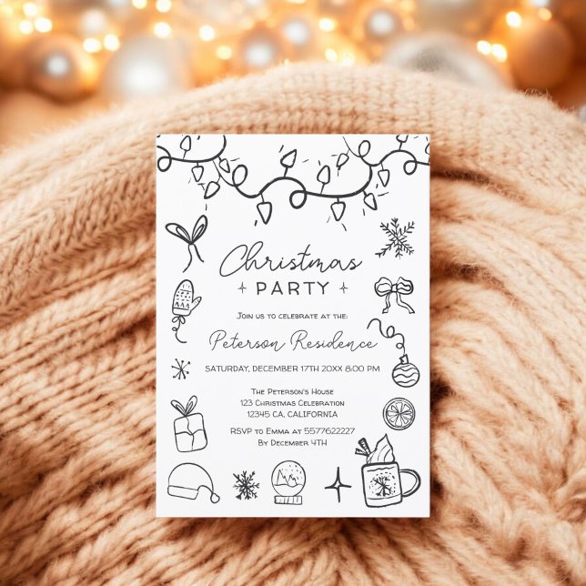 Convite Gráfico branco- Preto- Quirky no Natal moderno (Quirky black white illustration modern Christmas Invitation)