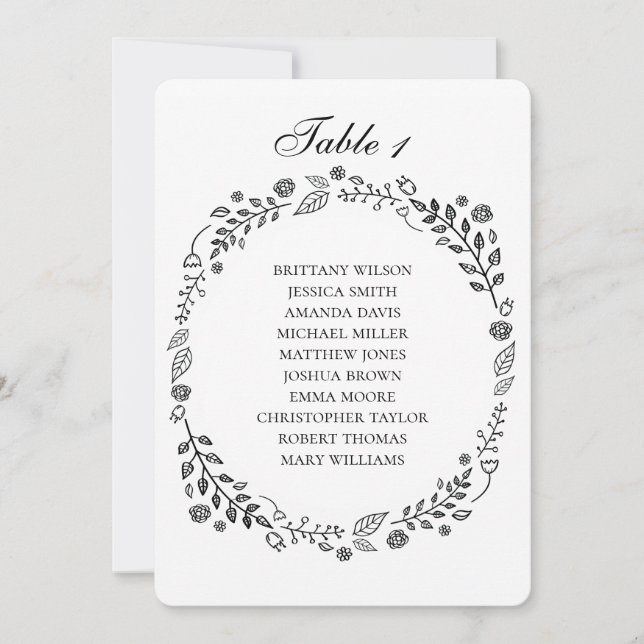 Convite Gráfico de assentos de casamento com flores pretas (Frente)