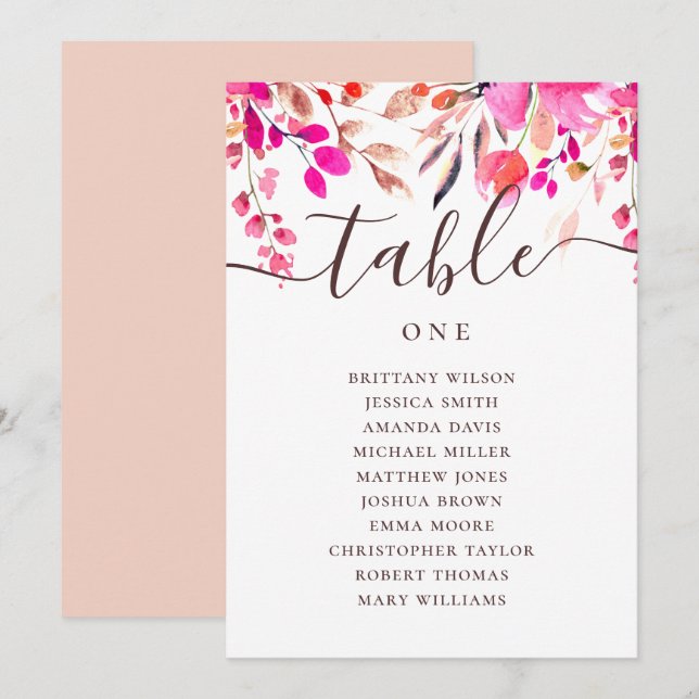 Convite Gráfico de assentos de casamento floral rosa em aq (Frente/Verso)