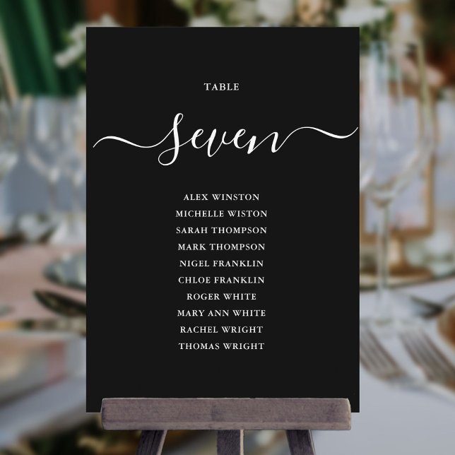 Convite Gráfico de Assentos de Número de Mesa Preto e Bran (Elegant Black And White Table Number Seating Chart)