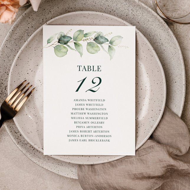 Convite Gráfico de Assentos Número 12 da Mesa com Folhas d (Eucalyptus Botanical Wedding Table Number Card)